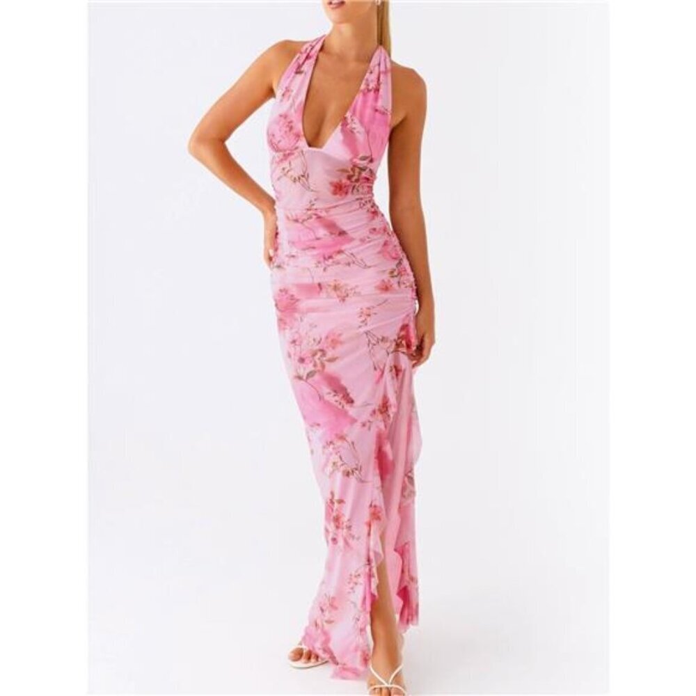 Ruffled Floral Print Halter Neck Cami Dress